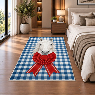 Gingham Horse and Rosette Rug in a bedroom beside the bed