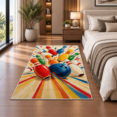 Colorful Falling Pins Rug in a bedroom beside the bed