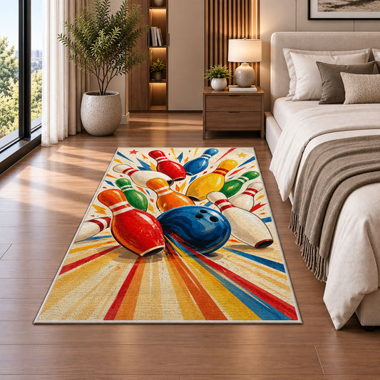 Colorful Falling Pins Rug in a bedroom beside the bed