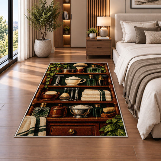 vintage shaving shelf rug in a bedroom beside the bed