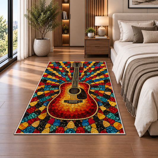 guitar pick mosaic rug in a bedroom beside the bed