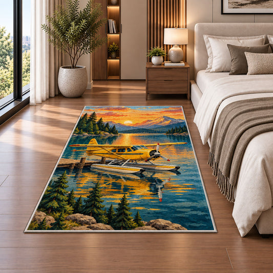 Seaplane Lake Rug in a bedroom beside the bed
