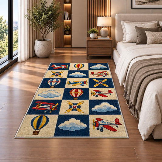Retro Airplane Checkered Rug in a bedroom beside the bed