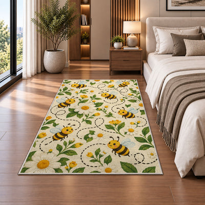 Happy Bees Flight Path Rug in a bedroom beside the bed