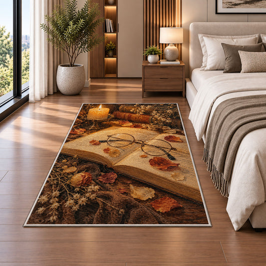 Reading Glasses and Candlelight rug in a bedroom beside the bed