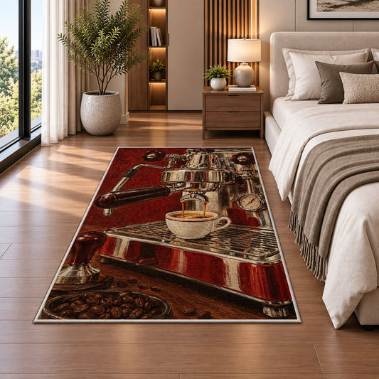 Vintage Espresso Machine rug in a bedroom beside the bed