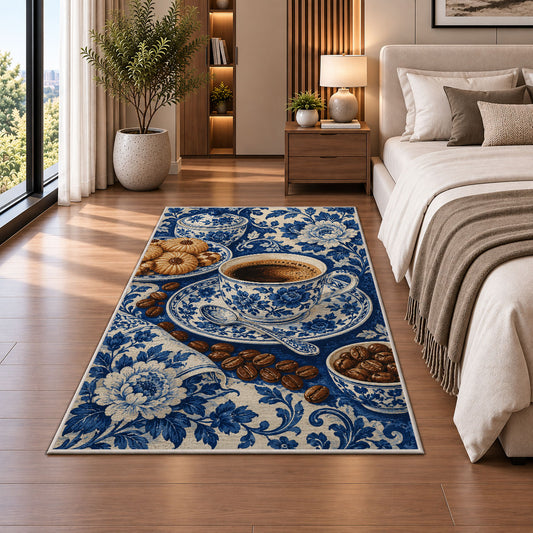 Blue Willow Coffee Cup rug in a bedroom beside the bed