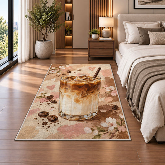 Layered Iced Latte rug in a bedroom beside the bed