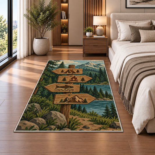 Camping Trail Signpost rug in a bedroom beside the bed