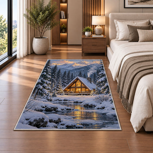 A-Frame Cabin in Snowy Pines rug in a bedroom beside the bed