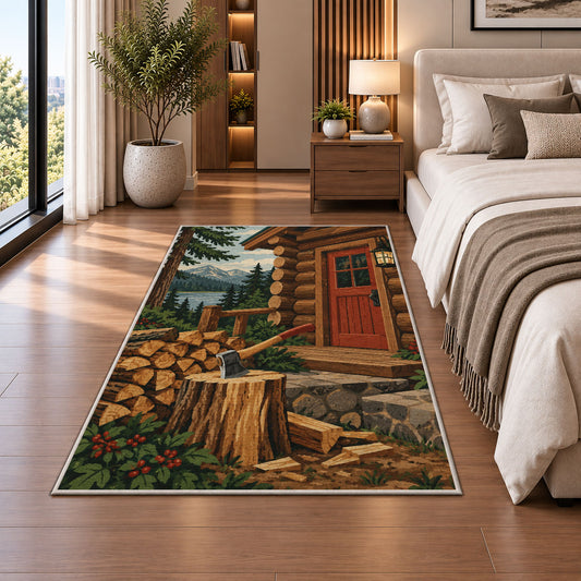 Firewood and Axe by Cabin rug in a bedroom beside the bed