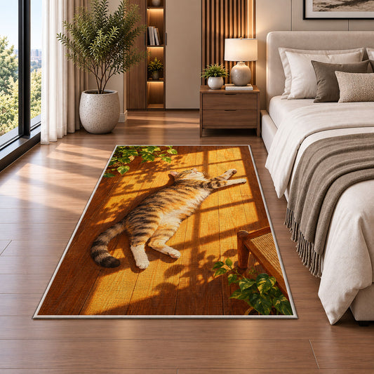 Tabby Cat Sunbathing rug in a bedroom beside the bed