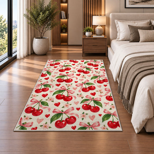 Cherry Heart Rug in a bedroom beside the bed