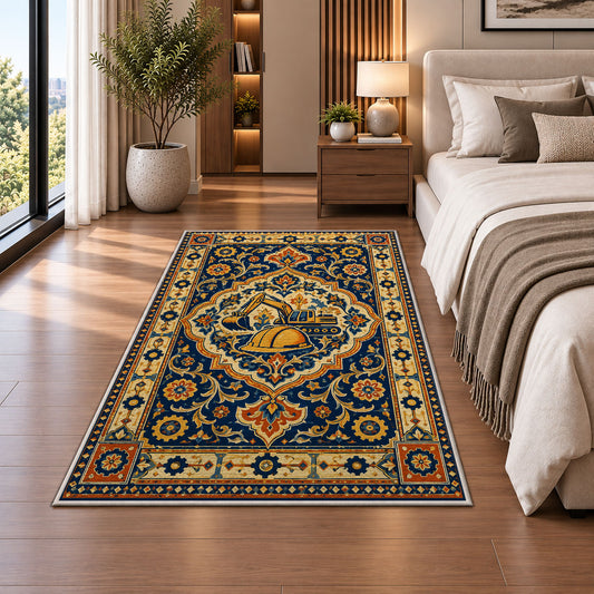 Persian Style Construction Rug in a bedroom beside the bed