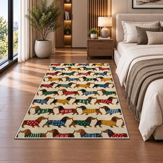 Dachshund Parade in Sweaters rug in a bedroom beside the bed