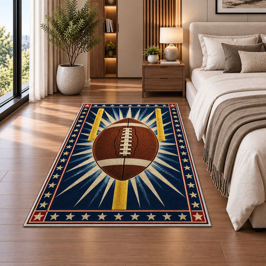 Starburst Football rug in a bedroom beside the bed
