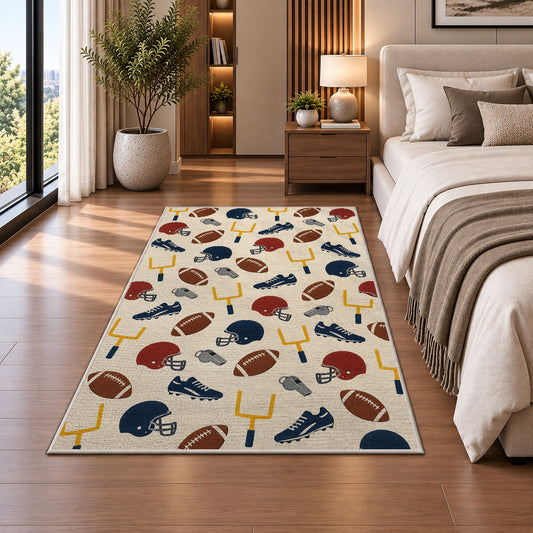 Football Gear Pattern rug in a bedroom beside the bed