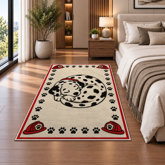 Sleeping Dalmatian rug in a bedroom beside the bed