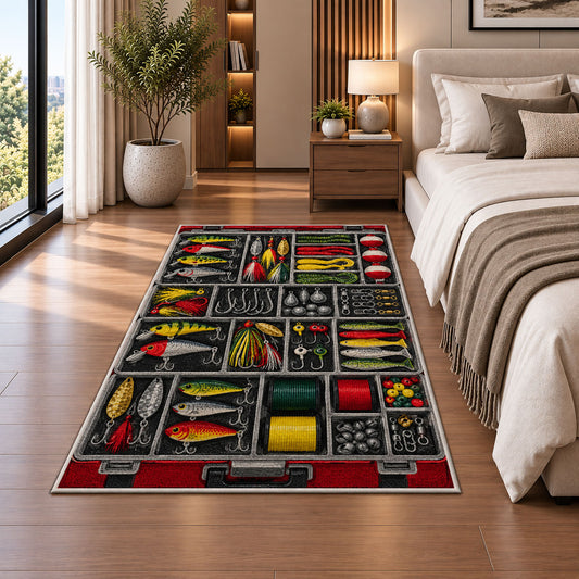 Tackle box rug in a bedroom beside the bed