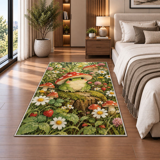 frog wearing a mushroom hat rug in a bedroom beside the bed