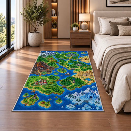 Pixel Fantasy World Map rug in a bedroom beside the bed