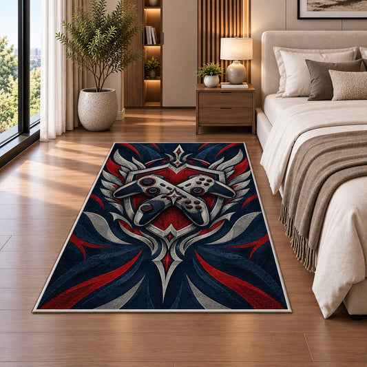 Crossed Controllers Emblem rug in a bedroom beside the bed
