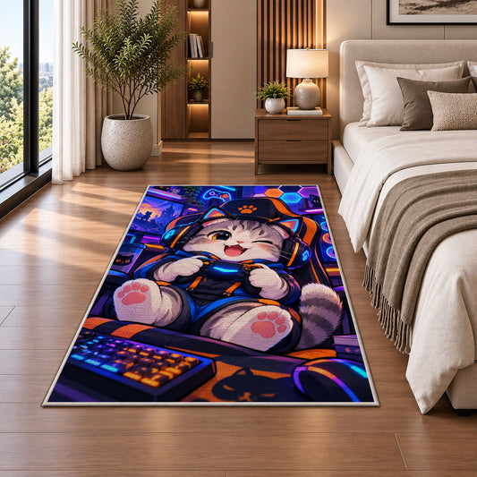 Gamer Cat rug in a bedroom beside the bed