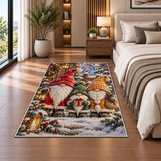 family of three gnomes rug in a bedroom beside the bed