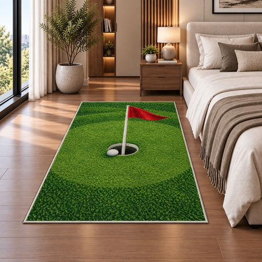 Golf hole and flag rug in a bedroom beside the bed