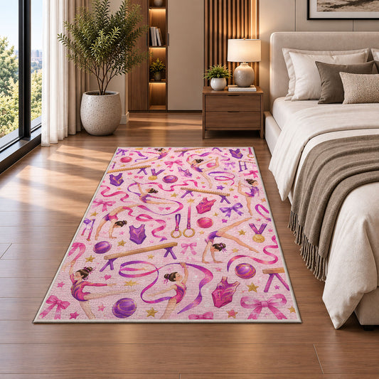 Gymnastics Pattern Rug in a bedroom beside the bed