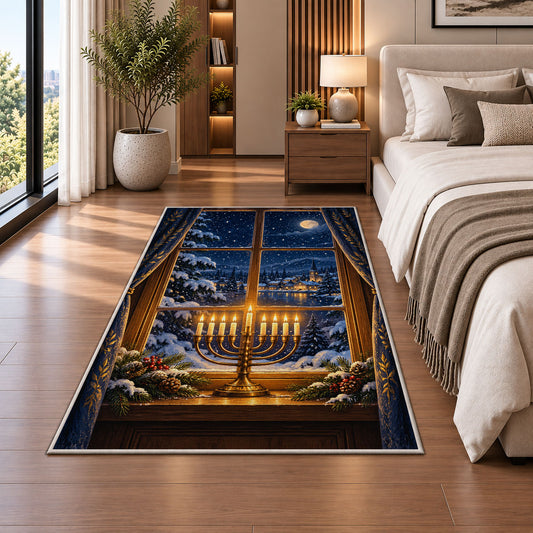 Menorah Window Rug in a bedroom beside the bed