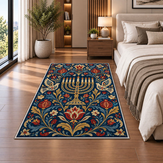 Folk Art Menorah Rug in a bedroom beside the bed