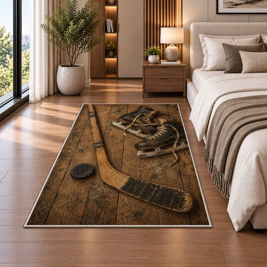 Vintage Hockey Stick and Skates rug in a bedroom beside the bed