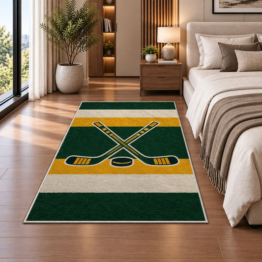 Hockey Jersey Stripes rug in a bedroom beside the bed