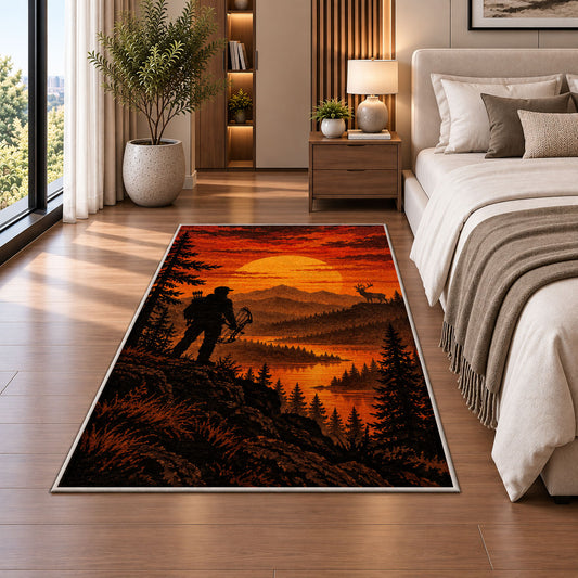 Bowhunter Sunset rug in a bedroom beside the bed