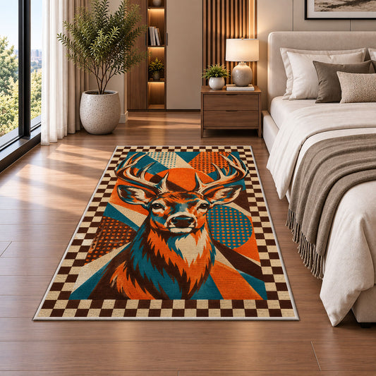 Pop Art Buck rug in a bedroom beside the bed