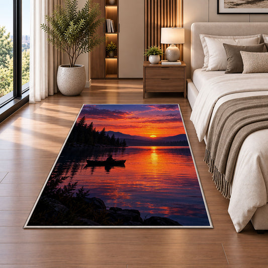 Lake sunset fishing rug in a bedroom beside the bed