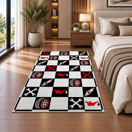 Checkered racing garage rug in a bedroom beside the bed