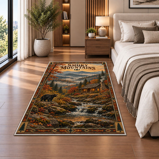 Smoky Mountains autumn cabin poster rug in a bedroom beside the bed