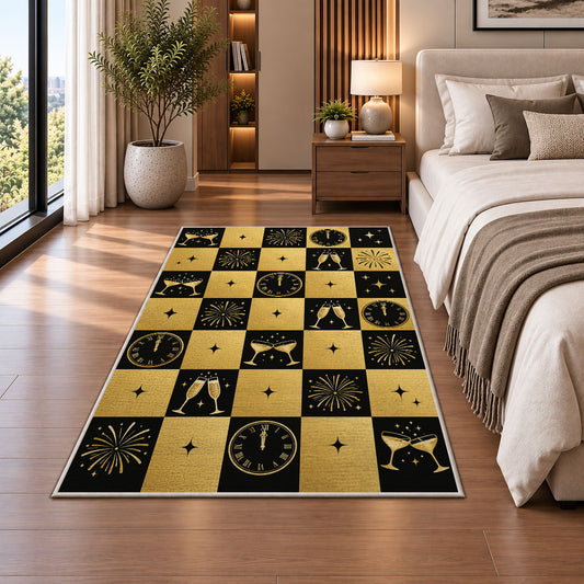 Black and gold checkered New Year rug in a bedroom beside the bed