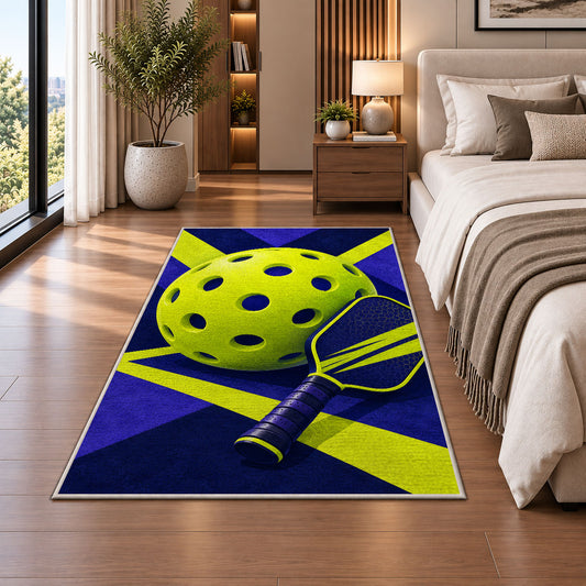 Giant Pickleball Rug in a bedroom beside the bed