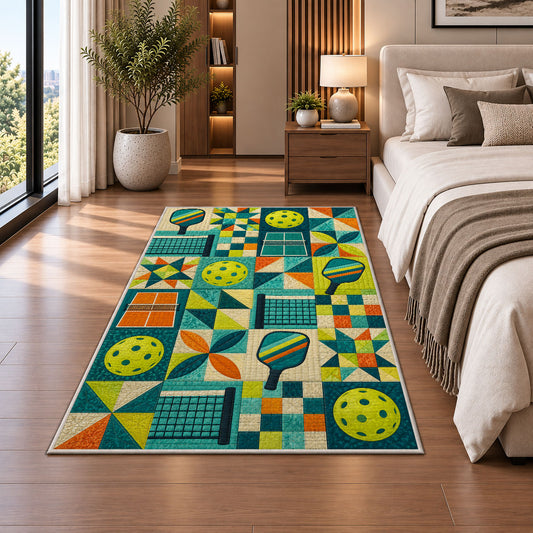 Pickleball Patchwork Rug in a bedroom beside the bed