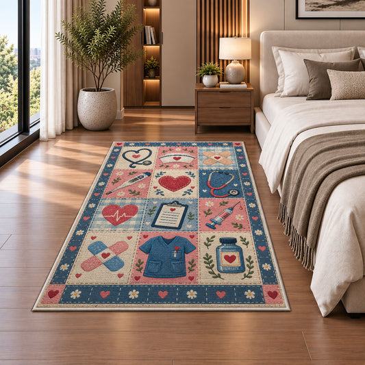 Nurse Patchwork Rug in a bedroom beside the bed