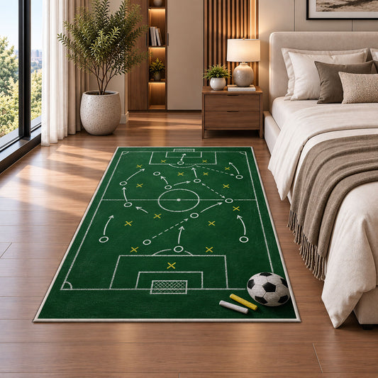 soccer tactics chalkboard rug in a bedroom beside the bed
