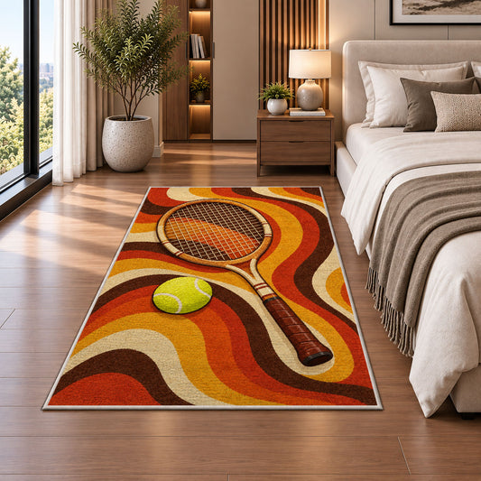 Retro Tennis Rug in a bedroom beside the bed