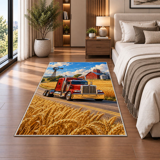 Semi truck on a country road rug in a bedroom beside the bed