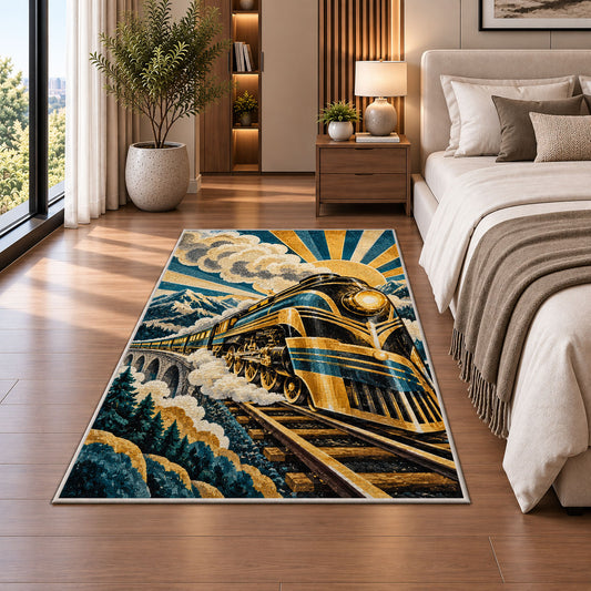 Art Deco Train Rug in a bedroom beside the bed