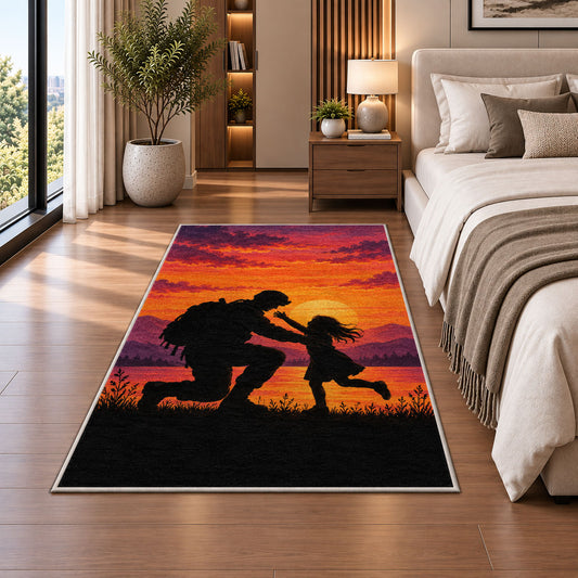 Soldier Homecoming rug in a bedroom beside the bed