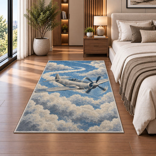 Vintage Propeller Plane rug in a bedroom beside the bed