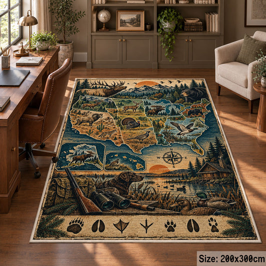 Wilderness Landscape Map area rug in muted blue, tan and green, view 5